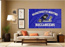 Load image into Gallery viewer, indoor display of blue massachusetts maritime academy flag for man cave decor
