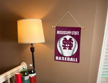 Load image into Gallery viewer, mississippi state baseball garden flag hung inside a college dorm for dorm decor

