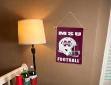 Load image into Gallery viewer, maroon msu football garden flag hung inside as part of college dorm decor

