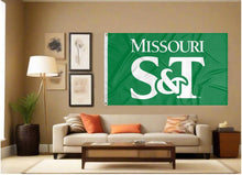 Load image into Gallery viewer, indoor display of green missouri s&amp;t miners flag for man cave decor
