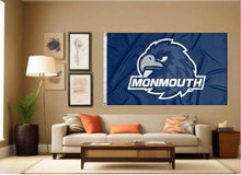 Load image into Gallery viewer, indoor display of blue monmouth university hawks flag for man cave decor
