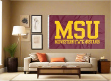 Load image into Gallery viewer, indoor display of msu midwestern state mustangs flag for fan cave decor

