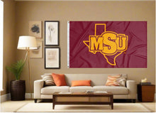 Load image into Gallery viewer, indoor display of maroon msu mustangs flag for fan cave decor
