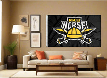 Load image into Gallery viewer, indoor display of black nku norse flag for man cave decor
