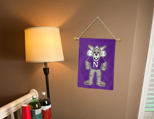 Load image into Gallery viewer, northwestern university garden flag with willie wildcat logo hung for college dorm decor inside
