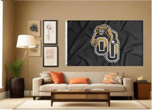 Load image into Gallery viewer, indoor display of oakland university flag with oakland ou logo for man cave decor

