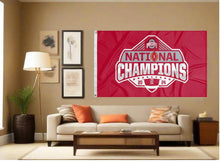 Load image into Gallery viewer, indoor display of red ohio state football 2024 national champions flag for man cave decor
