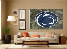 Load image into Gallery viewer, indoor display of penn state university flag with camo background for man cave decor
