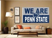 Load image into Gallery viewer, indoor display of penn state university flag with we are penn state logo for man cave decor
