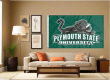 Load image into Gallery viewer, indoor display of green plymouth state university panthers flag for man cave decor

