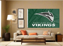 Load image into Gallery viewer, indoor display of green portland state vikings flag for man cave decor
