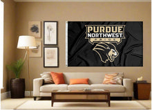 Load image into Gallery viewer, indoor display of black purdue northwest pride flag for man cave decor
