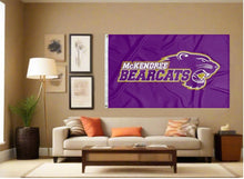 Load image into Gallery viewer, indoor display of purple mckendree bearcats flag for man cave decor
