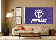 Load image into Gallery viewer, indoor display of purple university of portland pilots flag for man cave decor
