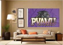 Load image into Gallery viewer, indoor display of purple pvamu flag for man cave decor
