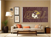 Load image into Gallery viewer, indoor display of brown-quincy-university-flag-for-man-cave-decor
