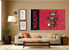 Load image into Gallery viewer, indoor display of red and black ndscs wildcats flag for fan cave decor
