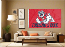 Load image into Gallery viewer, indoor display of red fresno state university flag for man cave decor
