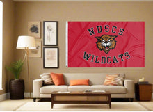 Load image into Gallery viewer, indoor display of red ndscs wildcats flag for fan cave decor
