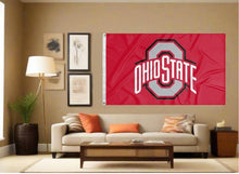 Load image into Gallery viewer, indoor display of red ohio state university buckeyes flag for man cave decor
