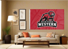 Load image into Gallery viewer, indoor display of red university of montana western bulldogs flag for man cave decor

