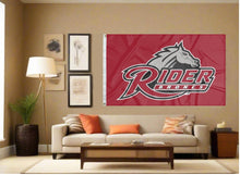 Load image into Gallery viewer, indoor display of red rider university broncs flag for man cave decor

