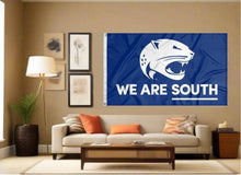 Load image into Gallery viewer, indoor display of south alabama jaguars we are south flag for man cave decor
