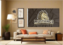 Load image into Gallery viewer, indoor display of brown southwest minnesota state university mustangs flag for man cave decor
