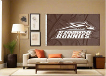 Load image into Gallery viewer, indoor display of st. bonaventure bonnies flag for man cave decor
