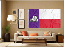 Load image into Gallery viewer, indoor display of state of texas style tcu flag for man cave decor
