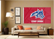 Load image into Gallery viewer, indoor display of red stony brook seawolves flag for man cave decor
