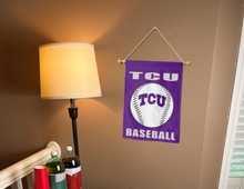 Load image into Gallery viewer, purple tcu baseball garden flag hung inside for college dorm decor
