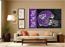 Load image into Gallery viewer, indoor display of texas christian university fear the frog football flag for man cave decor
