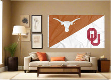 Load image into Gallery viewer, indoor display of texas oklahoma game day house divided flag for man cave decor

