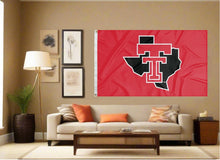 Load image into Gallery viewer, indoor display of texas tech university flag with texas border logo for man cave decor
