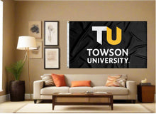 Load image into Gallery viewer, indoor display of black towson university double sided flag for man cave decor
