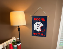 Load image into Gallery viewer, uconn football garden flag hung on a banner pole for college dorm decor
