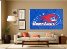 Load image into Gallery viewer, indoor display of blue umass lowell 3x5 flag for man cave decor
