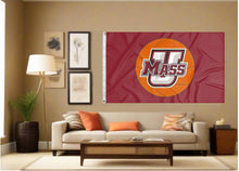 Load image into Gallery viewer, indoor display of maroon umass minutemen basketball flag for man cave decor
