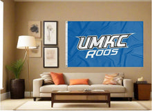 Load image into Gallery viewer, indoor display of umkc roos flag for fan cave decor
