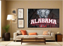 Load image into Gallery viewer, indoor display of university of alabama flag with realistic crimson tide logo for man cave decor
