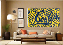 Load image into Gallery viewer, indoor display of university of california berkeley flag with samoa style background for man cave decor
