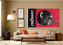 Load image into Gallery viewer, indoor display of university of cincinnati flag with cincinnati bearcats football logo for man cave decor
