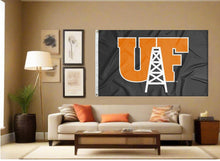 Load image into Gallery viewer, indoor display of university of findlay oilers flag for man cave decor
