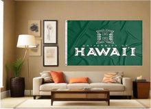 Load image into Gallery viewer, indoor display of green university of hawaii rainbow warriors flag for man cave decor
