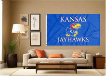 Load image into Gallery viewer, indoor display of university of kansas jayhawks 3x5 flag for man cave decor
