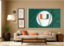Load image into Gallery viewer, indoor display of university of miami hurricanes baseball flag as part of man cave decor
