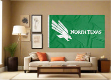 Load image into Gallery viewer, indoor display of green university of north texas flag for man cave decor
