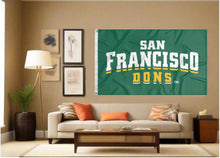Load image into Gallery viewer, indoor display of green university of san francisco dons flag for man cave decor

