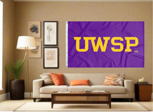 Load image into Gallery viewer, indoor display of purple university of wisconsin stevens point uwsp flag for man cave decor
